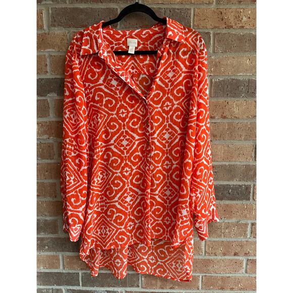 Chico's Women's Orange White Geometric High Low Sheer Tunic Top Blouse Size 3 - Picture 1 of 3